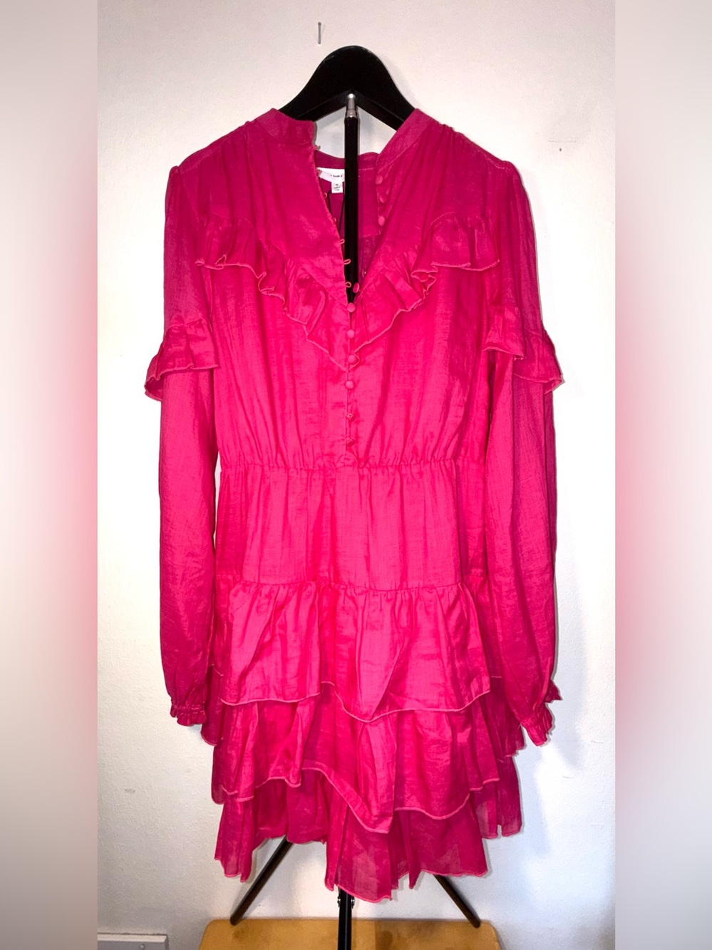 A Loves A ruffles hot berry tiered mini dress, long sleeves, button-up front, M